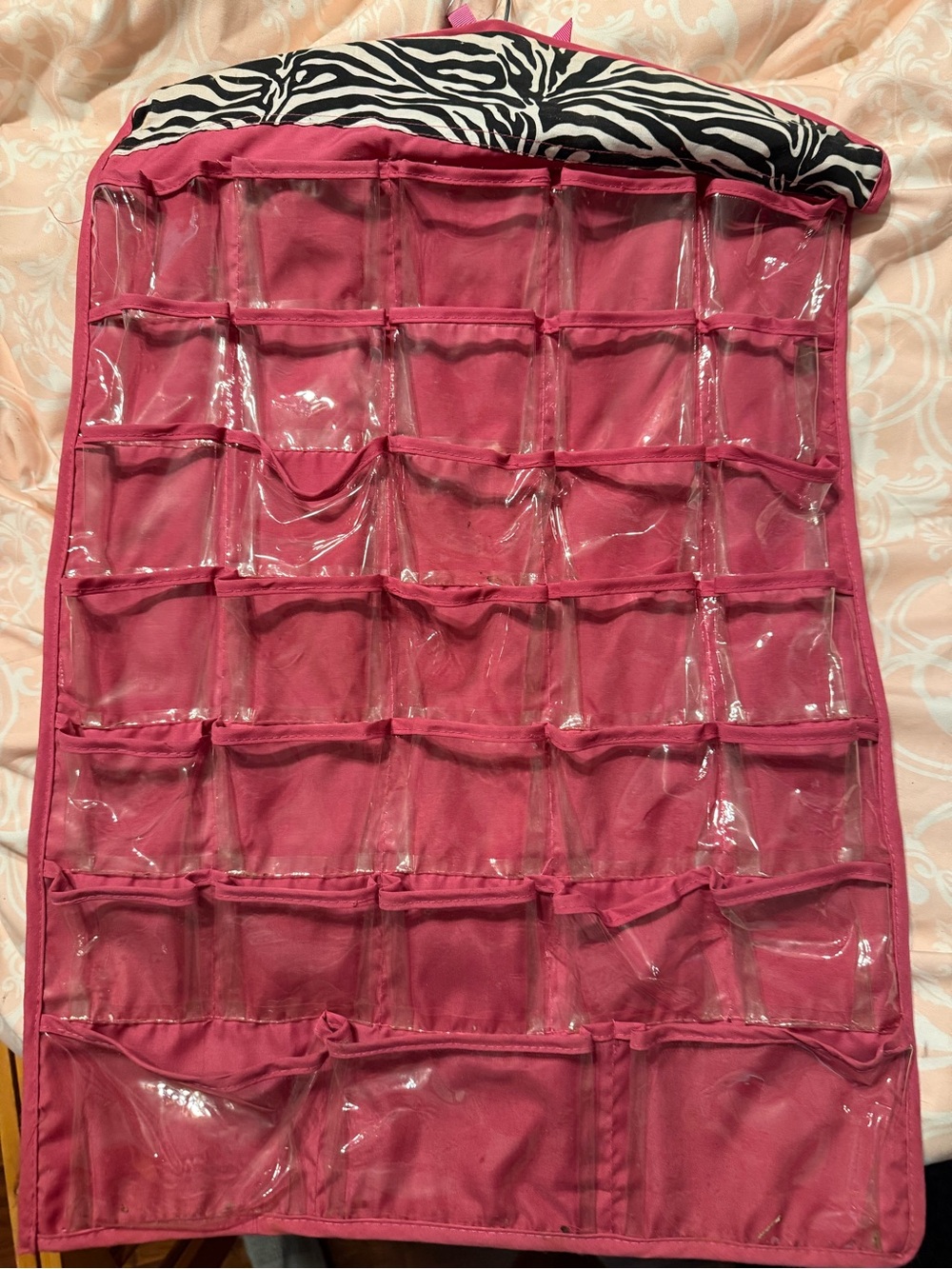 Pink Hanging Jewelry Organizer with Clear Pockets